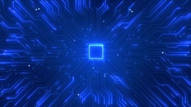 4K 3D Bilgisayar işlemcisi İşlemci Devre Patlaması Dijital Enerji Patlamasını başlatıyor. Parçacık Enerjisi devre ekranından akıyor, dijital etkiyi görselleştiriyor. Yapay Zeka