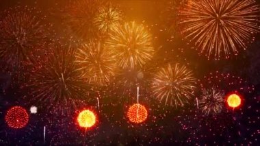 4K Yeni Yıl arifesi gerçek havai fişeklerle dolu bir kutlama döngüsü. Soyut altın parıldayan havai fişek gösterisi. Gerçek Havai fişek gösterisi, yeni yıl. ulusal bayram, yeni yıl partisi veya etkinliği