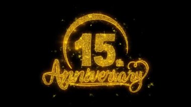 15. Mutlu Yıldönümleri tipografisi Altın Parıltılı Sihirli Parçacıklar Üzerine İnceleme metni. Tebrik kartı, kutlama, Dilekler, Olaylar, Mesaj, tatil, festival konsepti