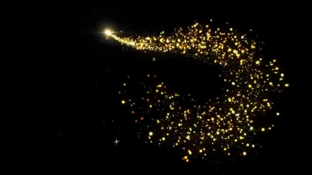 黄金の輝き輝く魔法のエネルギーの光の飛行 輝くゴールドダスト粒子ボケトレイルは黒の背景に輝きます 誕生日 記念日 イベント クリスマス フェスティバル ディワリ 2024年 — ストック動画