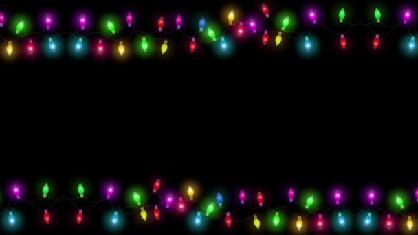 圣诞镜框和边框复制的太空灯泡灯在黑色背景的圆形镜框中闪烁着粒子 圣诞魔法明星 烟火彩蛋戒指闪闪发光 新年快乐动画 — 图库视频影像