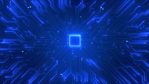 4K三维计算机处理器Cpu处理器开始启动电路爆裂数字能量爆炸 粒子能量流经电路屏幕 可视化数字冲击 人工智能 — 图库视频影像