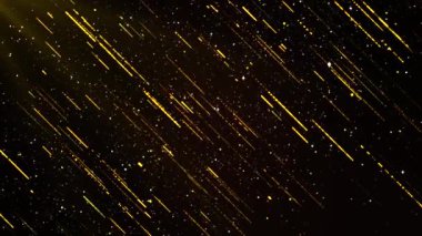 Işıldayan sihirli yol. Lüks ışınlar dalgalanıyor. Parlak altın tozlu parçacıklar siyah arka planda parlıyor. 4K. Doğum günü, yıldönümü, yeni yıl, etkinlik, Noel, festival, Diwali.