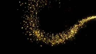 4K Altın Parıltılı Sihirli Işık. Parlak altın tozu parçacıkları siyah arka planda parıldıyor. Doğum günü, yıldönümü, yeni yıl, etkinlik, Noel, festival, Diwali.