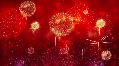 2024 Yeni Yıl arifesi havai fişek gösterisi arka planı. Gece gökyüzünde altın gibi parlayan bokeh ışıkları. Doğum günü, yıldönümü, kutlama, tatil, parti, etkinlik ve kutlamalar, davetiye
