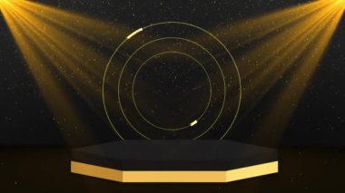 4K sahne podyumu ışıklandırması. Sahne ödül töreni. yuvarlak platform. Sahne ışıkları. showcase platform ürün gösterimi. Boş sahne elektrik ışığı. Geometrik şekiller bileşimi. Tatil programı, reklamcılık.