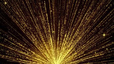 Lüks altın parçacık özgürce yükseliyor ve süzülüyor, sahne dekorasyonu arka planında. Akış çizgileri düşmeye devam ediyor. Zarif partikül yağmuru, muhteşem ödül töreni, parti sahnesi. müzik sahnesi TV şovu.