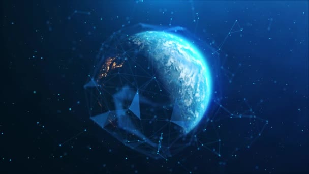 数字地球全息图世界连接爱的网络连接安全网络空间行星 未来商业和技术营销Blockhain 环绕着全球的网络空间结构 — 图库视频影像