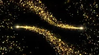 4K 3d Golden Magic Trails partikülleri parıldıyor. Noel Altın Parıltısı. Bokeh ışıkları. Toz festivali, Diwali, Ramazan. 2024 yılbaşı, doğum günü. Ödüllü arka plan. tatil etkinliği, logo başlığı dekorasyonu.