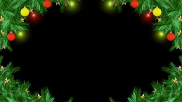 クリスマスツリーのアニメーションは金と白い雪片を分岐します 金の菓子 ボール ギフト用の箱 2024 メリークリスマス ホリデー お祝いの雪フレーク — ストック動画
