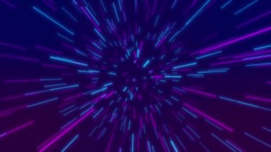 Renkli ışık demetleriyle neon arkaplan. Parlak lazer animasyonu ve yansıtıcı zemini olan fütüristik stüdyo konsepti. Dijital teknolojik derin tünellere doğru hareket eden parlak ışınlar