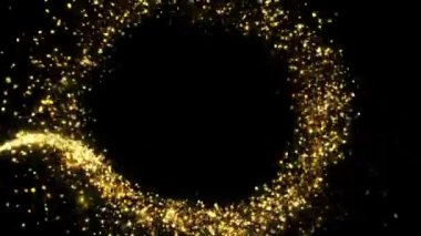Altın Parıltı Uçuşu Sihirli Enerji Işığı. Parlak altın tozu parçacıkları bokeh izleri siyah arka planı parlatmaktadır. Doğum günü, yıldönümü, yeni yıl, etkinlik, Noel, festival, Diwali. 2024