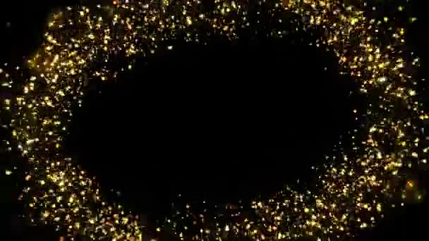 黄金の輝き輝く魔法のエネルギーの光の飛行 輝くゴールドダスト粒子ボケトレイルは黒の背景に輝きます 誕生日 記念日 イベント クリスマス フェスティバル ディワリ 2024年 — ストック動画