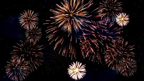 2024 Nieuwjaarsavond Vuurwerk Toont Feest Achtergrond Gouden Glanzende Bokeh Lichten — Stockvideo