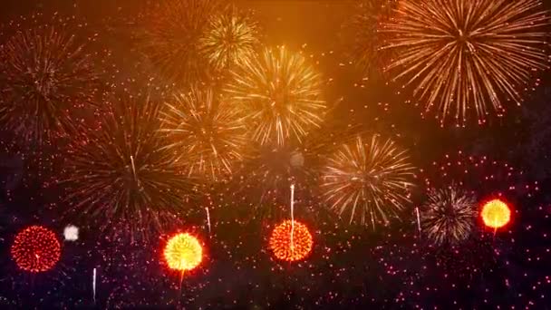 4K新年は本物の花火の背景の花火お祝いループを回避します 抽象的な黄金の輝く花火ショー 本物の花火大会 国民の祝日や新年会やイベントは — ストック動画