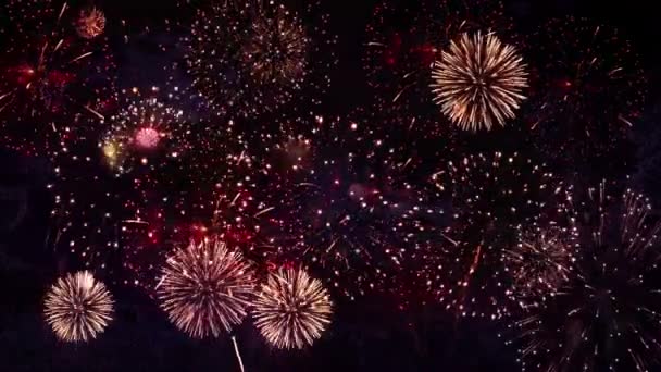 4K新年前夕烟火庆祝烟花背景 在夜空中闪烁着焰火 周年纪念日 邀请函 — 图库视频影像
