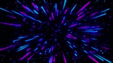 Neon Soyut Yıldızlararası Seyahat Hattı hiper uzay arka planında Zoom warp hızında. Işık hızı, neon ışınları ve yıldızların zaman yolculuğu. Yıldızların içinden geçiyor. Çizgilerin Bilimkurgu Elektrik Hareketi.