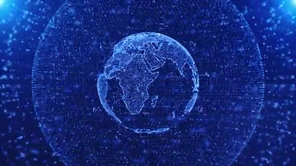 三维未来主义数字全球 未来主义技术地球在网络空间数据光带中旋转 现代数字世界中的全球网络通信技术 全息图点粒子 — 图库视频影像