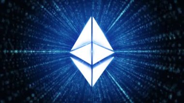 Ethereum Simgesi Dijital Uzay Döngüsü Teknoloji Tünel Animasyonu. ETH bozuk para kripto para konsept pankartı arka plan. Ethereum engelleme zinciri ödeme ağı. dijital kripto para birimi kavramı ve madencilik.