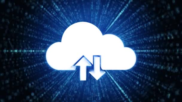 云计算图标数字网络空间环路技术隧道动画 具有抽象蓝色背景的电路汇合点上的云计算互联网 云服务 云存储 — 图库视频影像