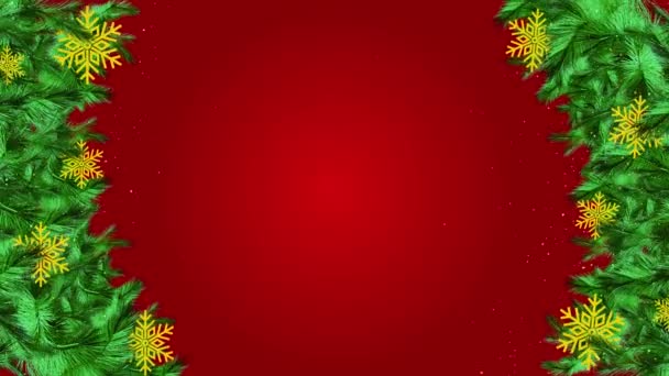 クリスマスツリーのアニメーションは金と白い雪片を分岐します 金の菓子 ボール ギフト用の箱 2024 メリークリスマス ホリデー お祝いの雪フレーク — ストック動画