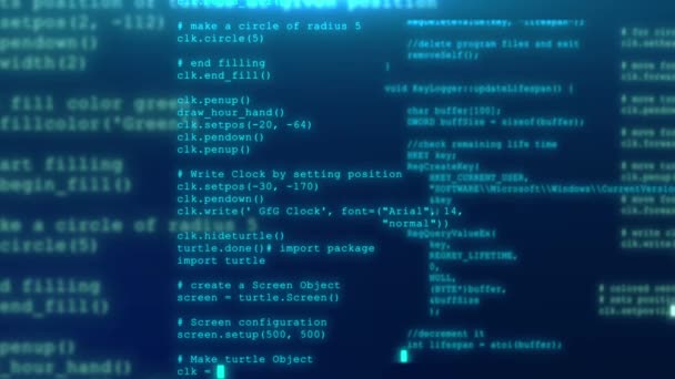 コンピュータ スクリーン ターミナルを実行するプログラミング コード プログラミングとコーディング技術の開発 プログラマー ハッカー 仮想サイバー空間でのビットコインのBtcマイニングと開発 ソースコード — ストック動画