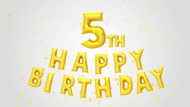 5Th Feliz Aniversário Balões Dourados Decoração Texto Glitter Gold Confetti — Vídeo de Stock