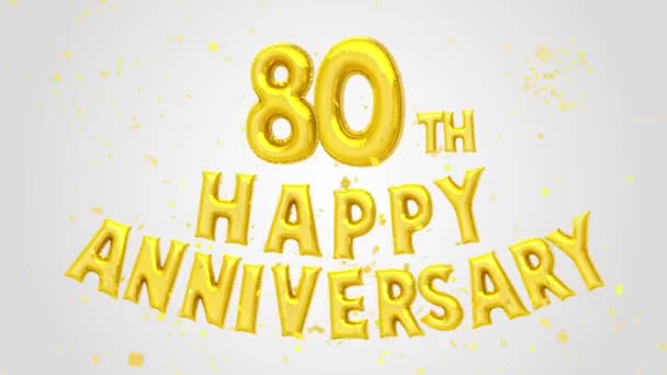 80Th Happy Anniversary Golden Balloons Texto Decoración Brillo Confeti Oro — Vídeos de Stock