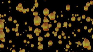 Fenerlerin arka planı. Diwali festivali yüzen lambaları. Gece gökyüzünde alev saçan Hint kâğıdı fener ışıkları ve müzik festivali. Parti, Yeni Yıl, Düğün, Konfeti, Diwali.