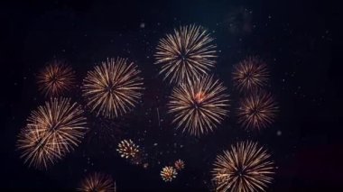 İyi bayramlar. Havai fişek patlamaları. Renkli havai fişek gösterileri. Yeni yıl havai fişeği 4K. 4 Temmuz. Karanlık gökyüzü bayram alacakaranlık arka planında havai fişek gösterisi. 2024 2025