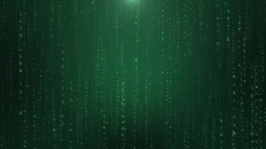 Matris ikili kod yağmur animasyonu Bilgisayar ikili dijital yağmur bilgi akışı teknolojisi arka planı. Matris yağmuru dijital HEX kodu. Dijital Veri Akımı Matriksi. Sıfır basamaklı birler akışı.