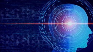 Dijital Yapay Zeka Futuristik Beyin Animasyonu. İnsan arayüzü kavramı. Robot sistem. Programlama. Gelecek Teknolojisi Görselleştirme, Büyük Veri Aktarımı Otomasyonu. derin öğrenme