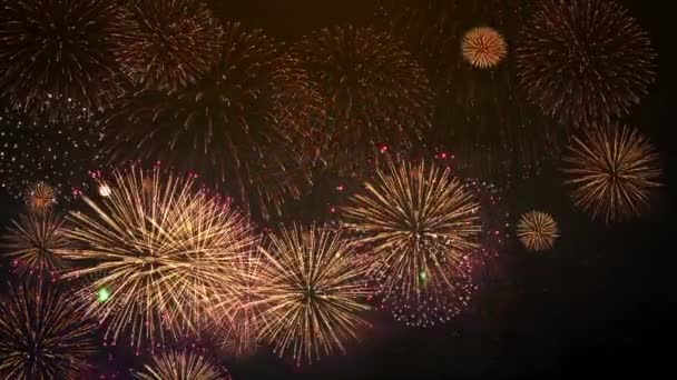 Красочные Праздничные Фейерверки Показывают Частицы Искры Ночном Небе Абстрактного Фона — стоковое видео