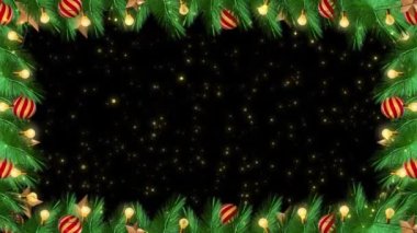 4K 3D Noel festivali kar taneleri yanıp sönen ışıklar, ağaç köknar dalları, süslemeler. Tebrik kartı ve reklamlar için yer var. Kar taneleri. Konfeti, hediye kutuları. Yeni yıl Noel 'i