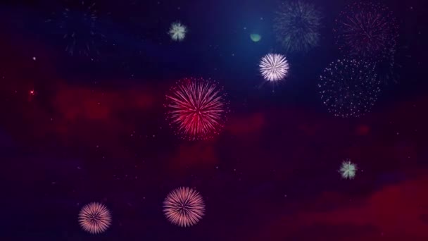 Ευτυχισμένο Νέο Έτος Πυροτεχνήματα Που Εκρήγνυνται Στον Νυχτερινό Ουρανό Εκδηλώσεις — Αρχείο Βίντεο