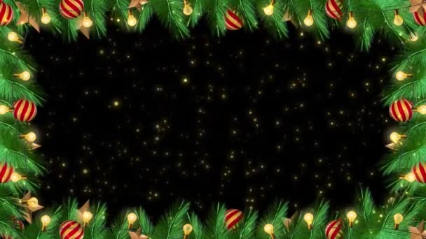 Kerst Feestelijke Sneeuwvlokken Frame Twinkelende Lichten Knipperen Boom Dennen Takken — Stockvideo