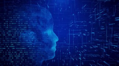 Gelecekteki yapay zeka teknisyeni öğrenme, yüz devre kartı ikili veri akışı arka planı. Siber zihin İnsan dijital hesaplaması, robot devrimi Büyük veri, yapay zeka veri madenciliği, beyin öğrenimi.