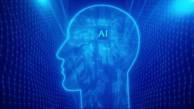 Gelecekteki yapay zeka teknisyeni öğrenme, yüz devre kartı ikili veri akışı arka planı. Siber zihin İnsan dijital hesaplaması, robot devrimi Büyük veri, yapay zeka veri madenciliği, beyin öğrenimi.