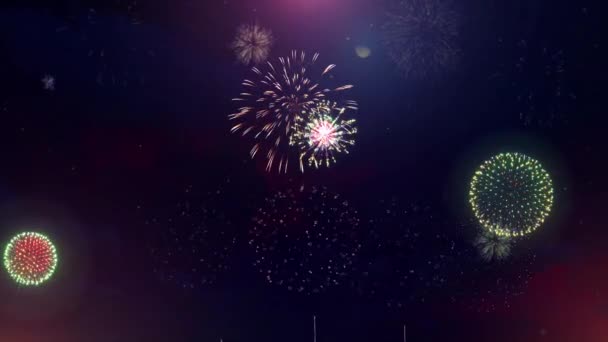 本物の花火お祭りバックグラウンド 夜の抽象的な空の表示 輝くボケが空を照らす 花火ショー 新年イヴ クリスマス 独立記念日 — ストック動画