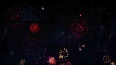 Renkli bayram havai fişekleri gece gökyüzünde soyut arkaplanda parçacıklar sergiliyor. Yeni yılı kutlamak için parti etkinliği sezonu. Parlayan Havai fişek gösterisi. Bağımsızlık Günü, 4 Temmuz.