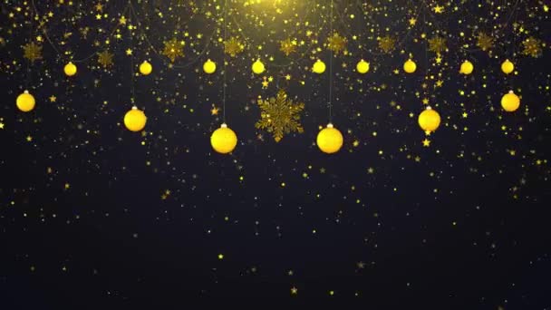 4K装饰圣诞球节日在闪闪发光的粒子 新年快乐圣诞快乐视频卡 新年降雪庆祝圣诞节的背景 — 图库视频影像