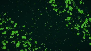 Üç boyutlu soyut Aziz Patrick Günü arkaplanı. Yeşil arkaplandaki kalplerden dökülen yapraklar. İrlanda geleneği ve kutlaması, bayram, etkinlik ve tebrik kartı parti konsepti.