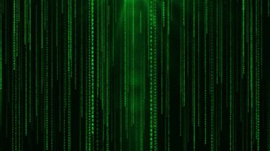 Dijital yeşil matris yağmuru düşen siber punk ikili kod işleme bilim kurgu teknolojisi veri ikili kodu. Bilim kavramı, kaynak kod şifrelemesi. Bilim, hareket grafiği, hacker ve programlama