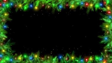 4K 3D Noel festivali kar taneleri yanıp sönen ışıklar, ağaç köknar dalları, süslemeler. Tebrik kartı ve reklamlar için yer var. Kar taneleri. Konfeti, hediye kutuları. Yeni yıl Noel 'i