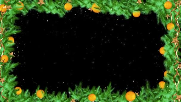Різдвяні Святкові Сніжинки Рамка Мерехтливі Вогні Блимають Гілки Ялинок Дерев — стокове відео