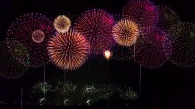 Karanlık gökyüzü arka planında gerçek renkli havai fişekler patlaması, havai fişek festivali gösterisi, havai fişekler, Noel ve mutlu yeni yıl kutlamaları. Doğum günü, yıldönümü, kutlama, tatil için..