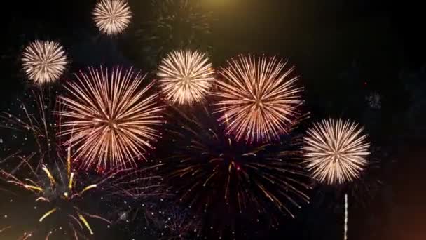 Vuurwerk Achtergrond Feestviering Licht Met Gouden Sprankelingen Kleurrijke Glans Voor — Stockvideo