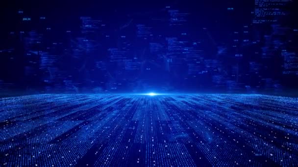 蓝色数字空间科幻隧道具有发光粒子波状全息图Hud 4K3D动画闪烁着圆锥花序 空间背景 飞越数字网络空间 超空间虚拟现实 — 图库视频影像