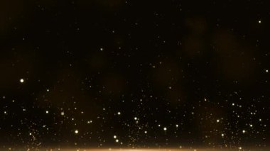 Sahne ışığı altın parıltı, partiküller altın parıldayan ışık efekti arka planda parıldıyor. Lüks Tasarım. Sihirli Fantezi Sineması. Uzay Yıldızları Evren Efekti Arkaplanı. Dalga Çizgileri 4K 3D