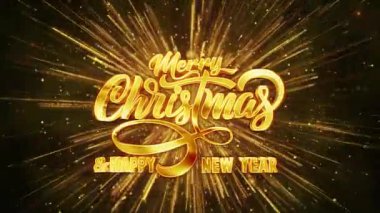 Yeni yılınız kutlu olsun. Havai fişekler ve parlak altın parçacıklarıyla. Kutlamalar parçacıkları harekete geçirir. Tebrik mesajı arka planı, kar taneleri. Zarif tatil sezonu